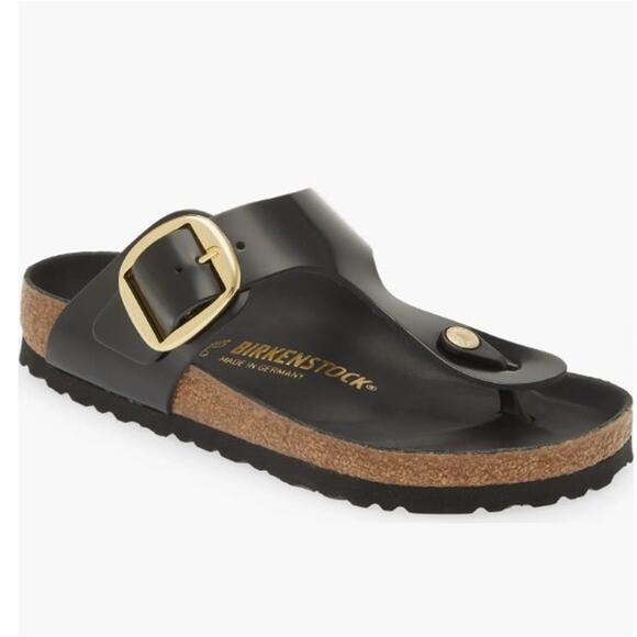 Birkenstock Women's Gizeh Big Buckle Slide Sandal Black Gold Size 8 39 EU NWOT - Picture 1 of 12